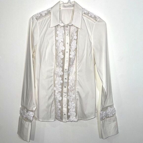 Anne Fontaine Sahra Button Down Embroidered Sheer Front Shirt - White 40 - Picture 1 of 7